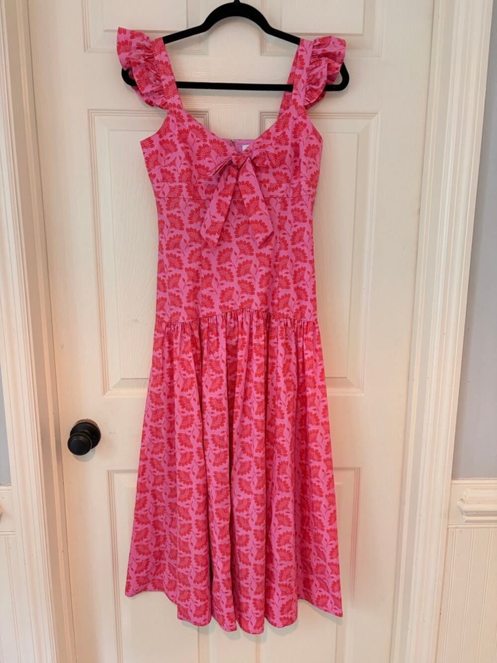 LIKELY Pink Red Floral Ruffle Strap Midi Dress Size 2
